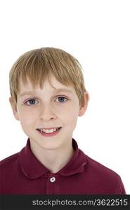 Close-up portrait of happy blond boy over white background