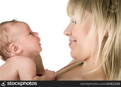 Close up portrait of happy mother with baby boy isolated on white