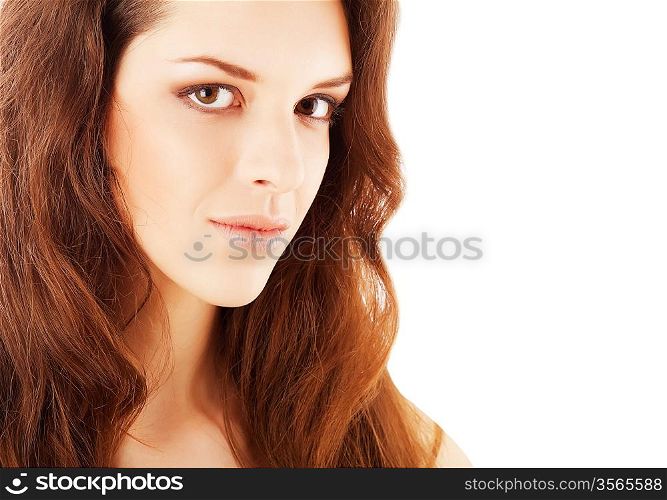 close up portrait of healthy beautiful woman on white background