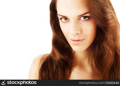 close up portrait of healthy pretty beautiful woman on white background