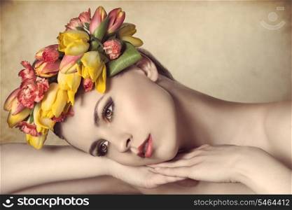close-up portrait of lovely young girl with spring style, floral wreath on her head and colorful make-up. Lying on her hands with calm expression