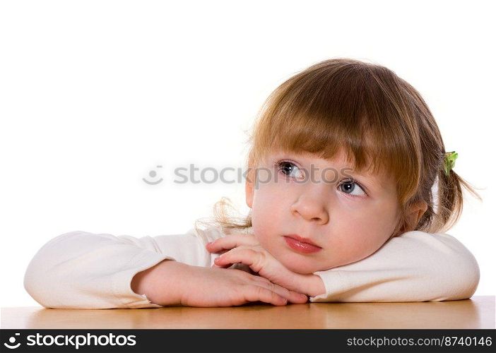 Close-up portrait of Pensive child isolated on white