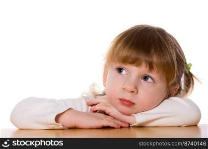 Close-up portrait of Pensive child isolated on white