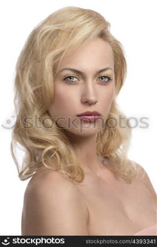 close-up portrait of sensual blonde woman with long natural hair-style, yellow make-up and naked shoulders