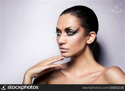 close up portrait of sexy attractive calm brunette woman