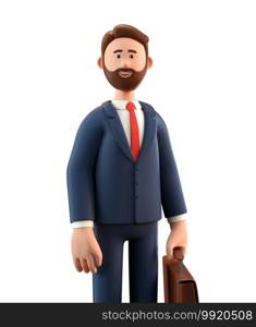 Close up portrait of smiling happy businessman in suit with suitcase. 3D illustration of cartoon standing bearded man, isolated on white background.