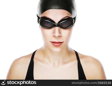 close-up portrait of swimmer on white background