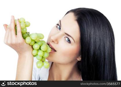 close-up portrait of woman with grape on white background