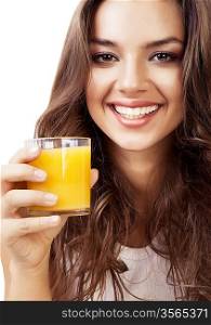 close-up portrait of woman with juice on white background