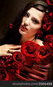 close-up portrait of woman with red roses