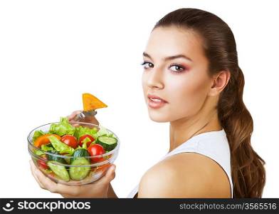 close-up portrait of woman with salad on white background