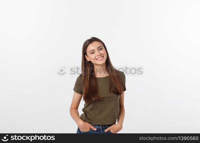 Close-up portrait of yong woman casual portrait in positive view, big smile, beautiful model posing in studio over white background. Close-up portrait of yong woman casual portrait in positive view, big smile, beautiful model posing in studio over white background.