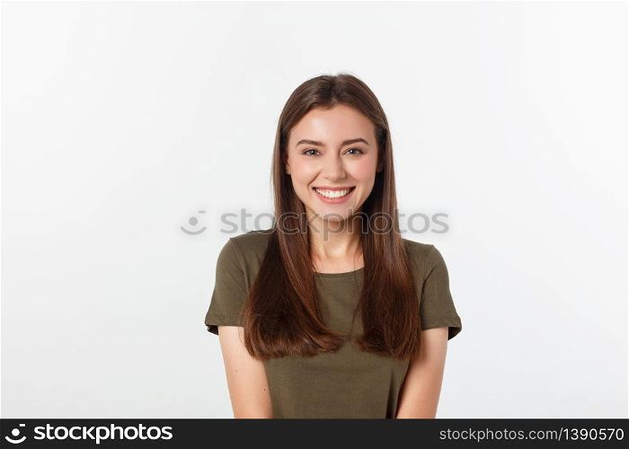 Close-up portrait of yong woman casual portrait in positive view, big smile, beautiful model posing in studio over white background. Close-up portrait of yong woman casual portrait in positive view, big smile, beautiful model posing in studio over white background.