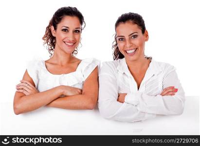 Close up portrait of young business women&rsquo;s with their hands folded on isolated white background