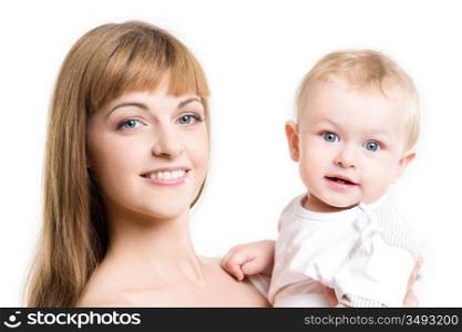 close up portrait of young mother with her adorable son, isolated on white, studio shot