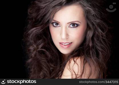 close-up portrait of young smiling brunette, shallow DOF, clear focus on model&acute;s eye