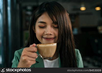 Close up, Portrait young beautiful woman with coffee latte art, she holding and selfie with coffee cup in coffee break during work at coffee shop