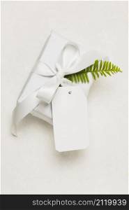close up present box empty tag green leaf isolated white background