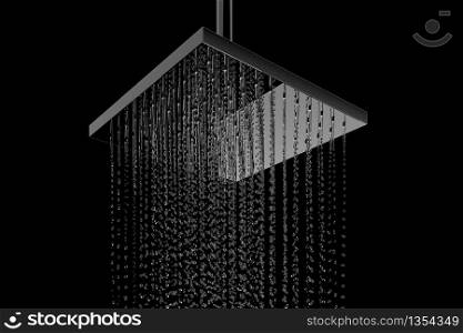 Close up Rain shower flowing on black color background. 3D Render