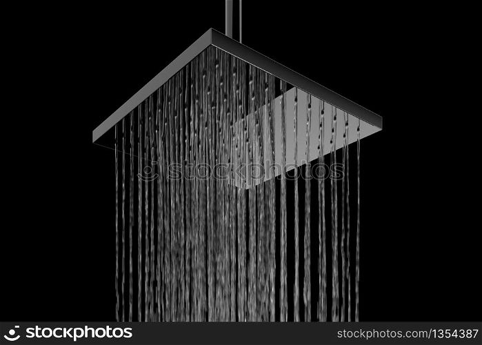 Close up Rain shower flowing with motion blur on black color background. 3D Render
