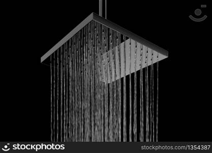 Close up Rain shower flowing with motion blur on black color background. 3D Render