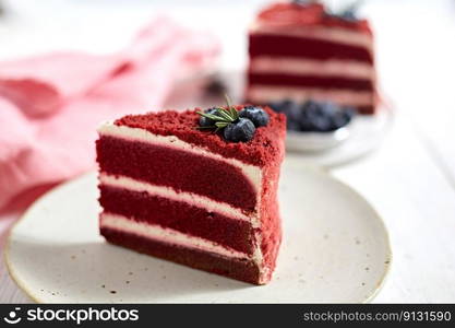 Close up Red Velvet cake with Whipped Cream on plate.. Close up Red Velvet cake with Whipped Cream