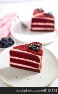 Close up Red Velvet cake with Whipped Cream on plate.. Close up Red Velvet cake with Whipped Cream