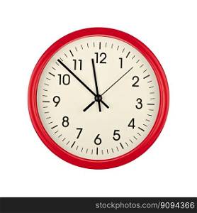 Close up red wall clock face dial with Arabic numerals, hour, minute and second hands isolated on white background