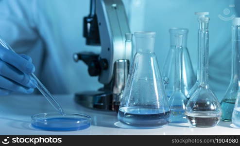 close up researcher working with microscope. Beautiful photo. close up researcher working with microscope