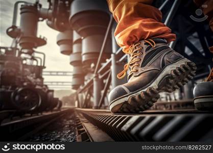 Close-up safety working shoe on a worker feet is standing at the factory. Neural network AI generated art. Close-up safety working shoe on a worker feet is standing at the factory. Neural network AI generated