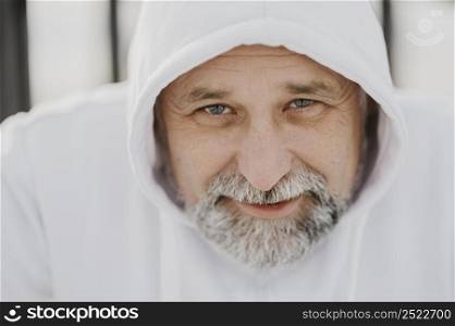 close up senior man wearing hoodie