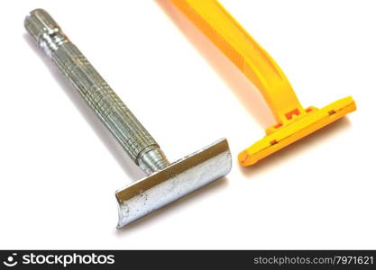 close up shaving razor on white background