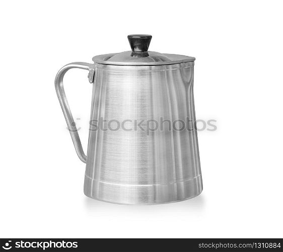 Close up shiny stainless steel, metal cup isolated on white background, clipping path
