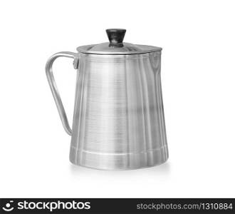 Close up shiny stainless steel, metal cup isolated on white background, clipping path