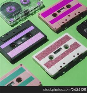 close up shot colorful cassette tape collection