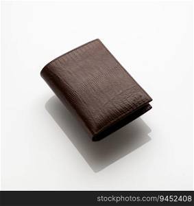 Close-up shot of a fashionable leather men’s wallet on a white background with reflection. men’s wallet on a white background