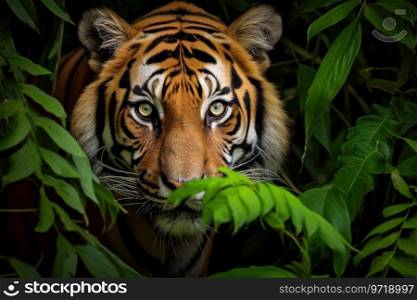 Close-up shot of a majestic tiger in its natural habitat, hidden among dense foliage in a lush jungle. Generative AI