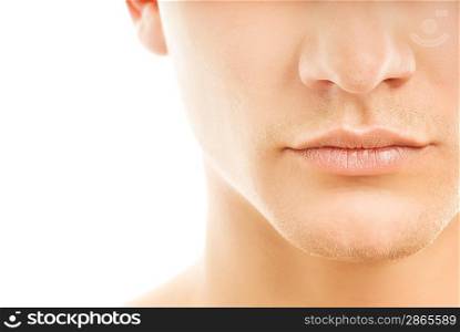 Close-up shot of a part of man&acute;s face. Isolated on white background
