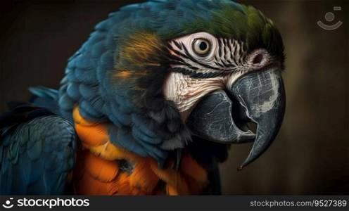 Close up shot of beautiful blue yellow Macaw parrot bird head.