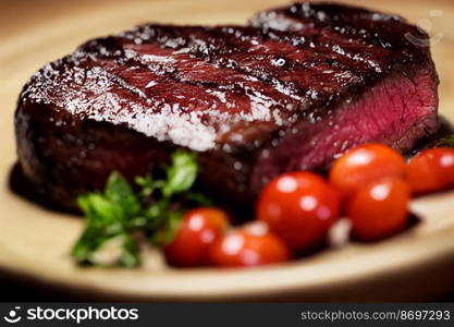 Close up shot of delicious tasty Angus prime beef with tomatoes 3d illustrated