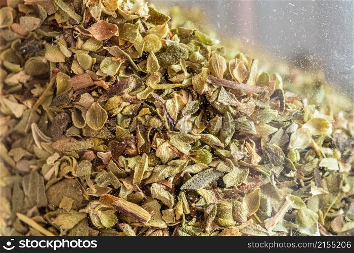 Close-up shot of dried thyme in a glass jar