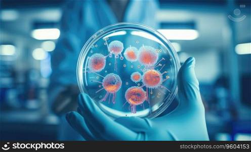 Close-up shot of lab worker holding bacteria dish