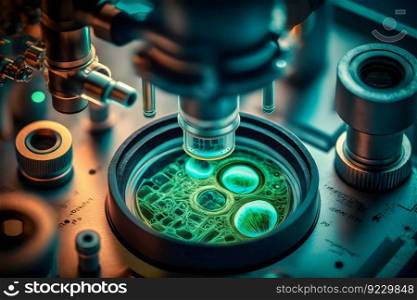 Close-up shot of microscope with metal lens at laboratory. Neural network AI generated art. Close-up shot of microscope with metal lens at laboratory. Neural network AI generated