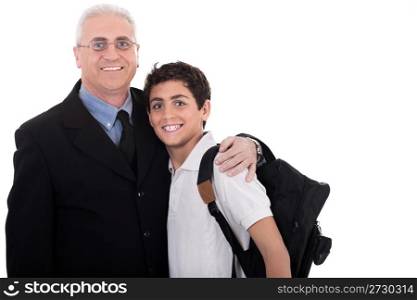 Close up shot of old business man embraces a teenager on isolated background