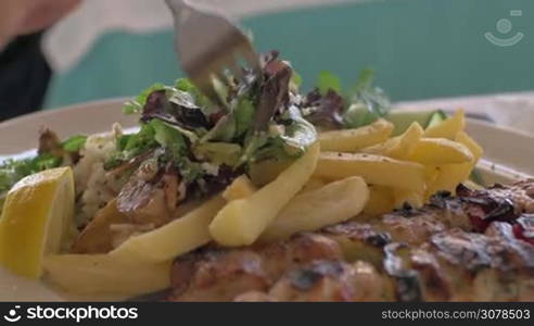 Close-up shot of woman having dinner in restaurant. Dish with chicken on skewers, crispy fries and green mixed salad