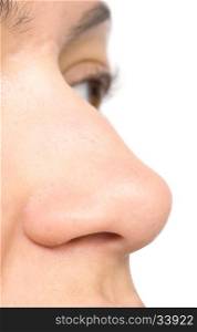 close up shot of woman nose, isolated on white