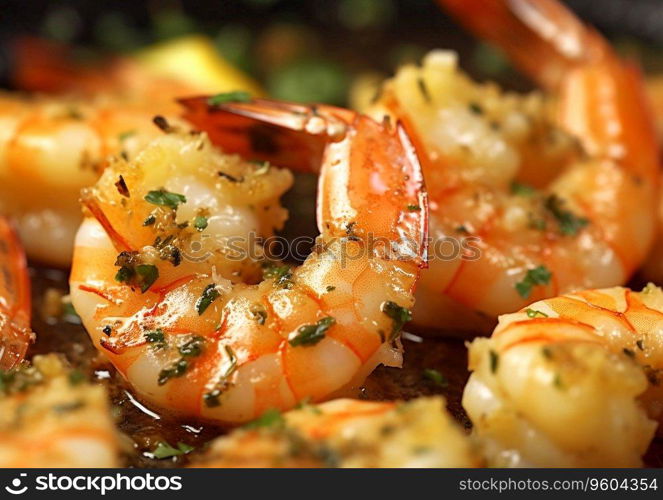 Close up shrimps prawns grilled with herbs and sauce.AI Generative