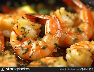 Close up shrimps prawns grilled with herbs and sauce.AI Generative