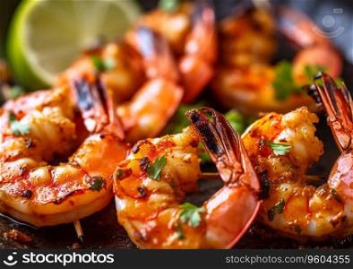 Close up shrimps prawns grilled with herbs and sauce.AI Generative