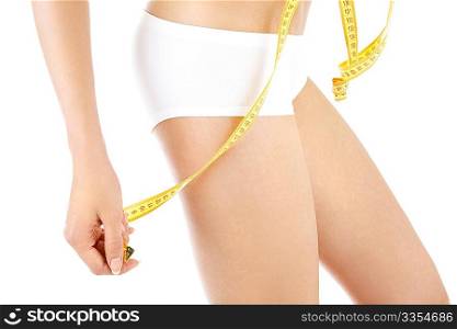 Close up sideways a female stomach, a measuring tape in a hand, isolated